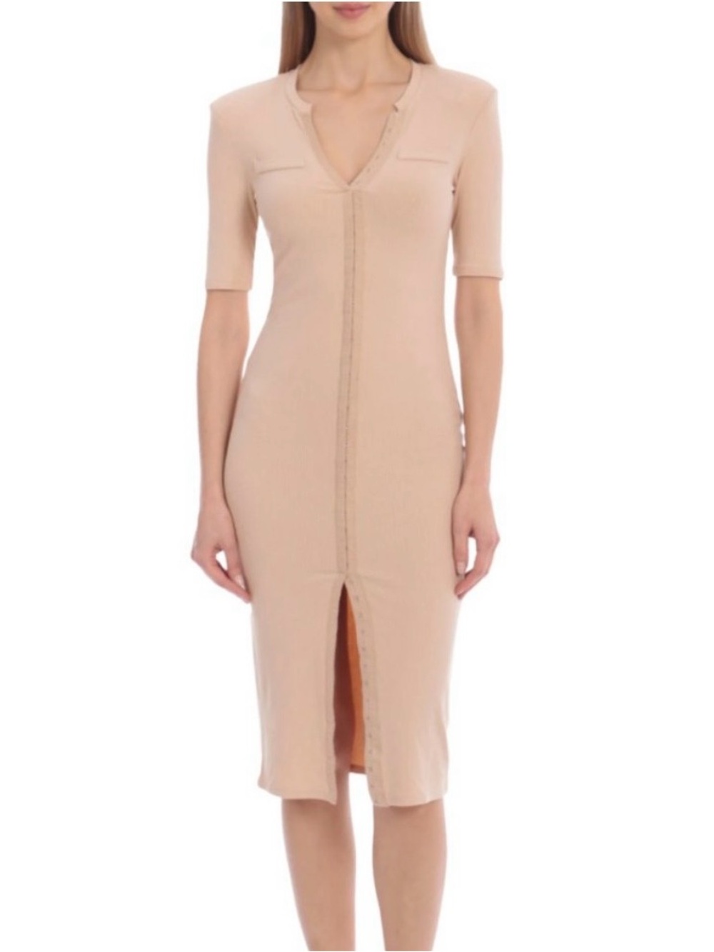 NWT Avec Les Filles Beige Ribbed Button-Front Midi Dress
